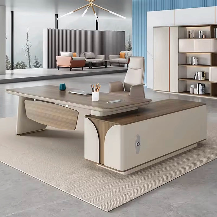 [Customizable Sizes] Arcadia All-in-One Brown and Beige Executive L-shaped Home Office Desk with Drawers and Storage, Cable Management, and Wireless Charging + Charging Ports on Desktop