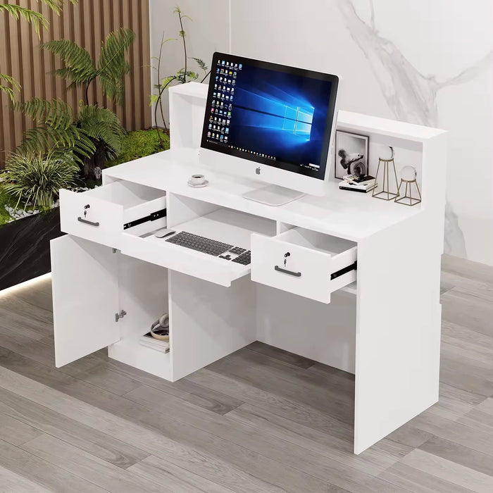 Natalia 47-56" Rectangular Receptionist Desk with Gloss Finishing | AF Example 100" White Rounded Receptionist Desk with Gloss Finishing | AF JY-RT-03