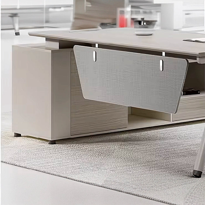 Arcadia 紧凑型米色和白色 L 形返回专业家庭办公桌，带抽屉和橱柜存储、隐私石板和散热孔