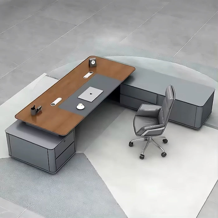 Arcadia 大号（90 至 130 英寸）高端棕色和蓝灰色 L 形行政家庭办公桌，带抽屉和储物空间、电缆管理和无线充电 + USB