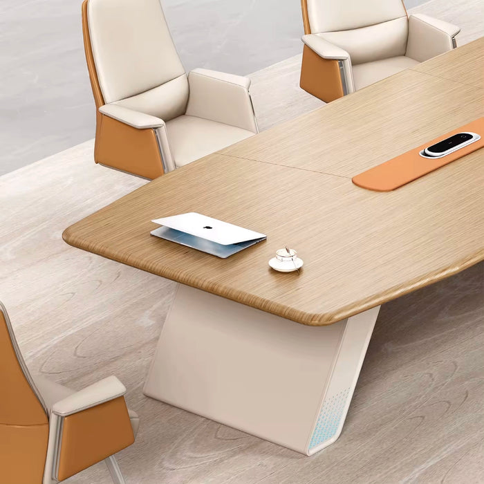 Mesa de conferencias Arcadia de alta gama (de 11 a 16 pies, con capacidad para 12 a 20 personas) en color marrón roble y tostado para salas de reuniones