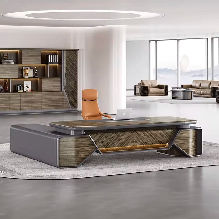 Arcadia 豪华高端品质金棕色 L 形 CEO 行政办公桌，带指纹锁抽屉和橱柜储物柜，耐用表面和光滑桌面