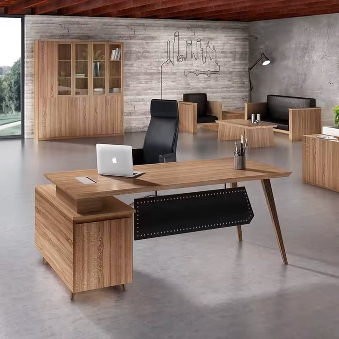 Arcadia 中型高档自然浅橡木专业和家庭 L 形行政办公桌，带橱柜、抽屉、电缆管理和回程台