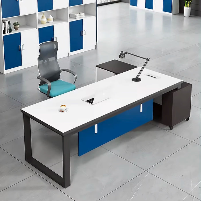 Arcadia 中型高端黑白/蓝色行政 L 形家庭和公司办公桌，带抽屉和橱柜存储、隐私斜面和电线管理