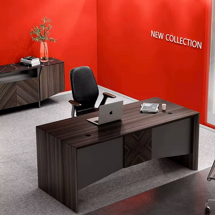Arcadia Escritorio de oficina ejecutivo en forma de L, profesional y doméstico, exclusivo, de tamaño mediano, en color marrón oscuro, con gabinetes, cajones y mostrador de devolución