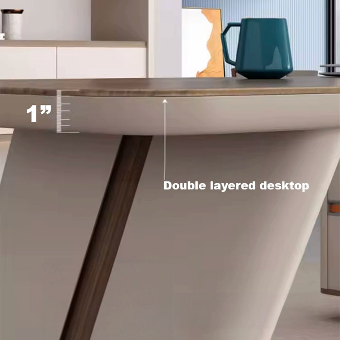[可定制尺寸] Arcadia 一体式棕色和米色行政 L 形家庭办公桌，配有抽屉和储物空间、电缆管理以及桌面上的无线充电 + 充电端口