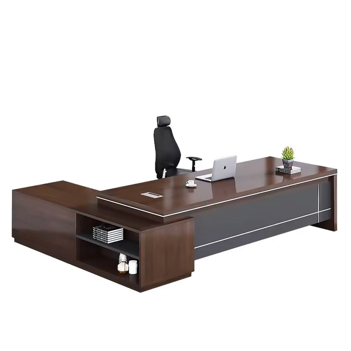 Arcadia Classic High-end Brown and Gray L-shaped Return Home and Corporate Office Desk with Drawers and Cabinets Storage, Privacy Bevel, and Cord Management