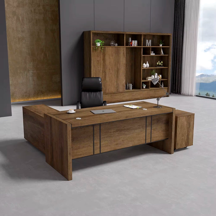 Arcadia 中型高档天然深棕色橡木专业和家庭行政办公桌套装，配有移动文件柜、抽屉和电缆管理