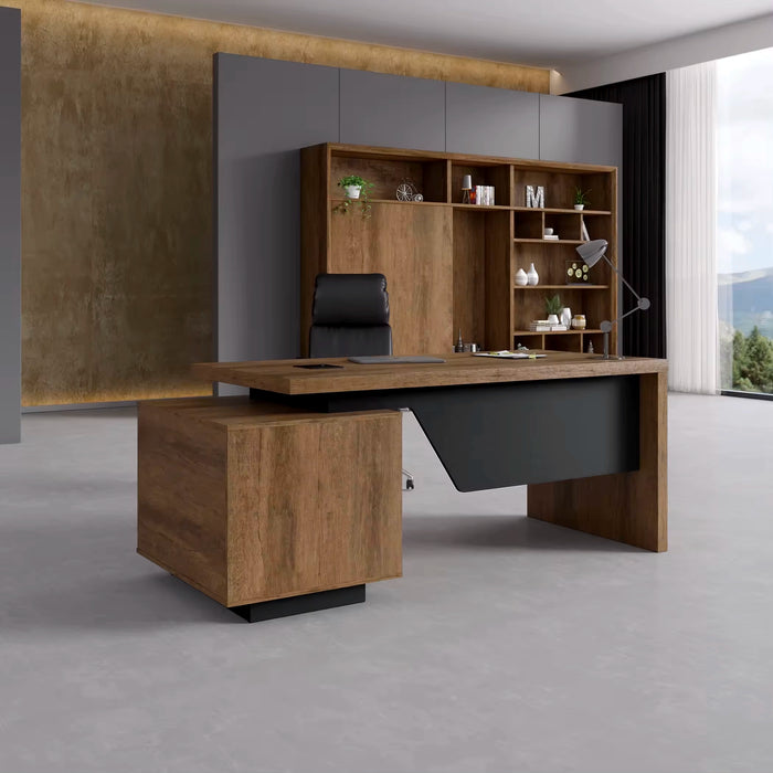 Arcadia 中型高档天然深棕色橡木专业和家庭行政办公桌，配有移动柜、抽屉和电缆管理