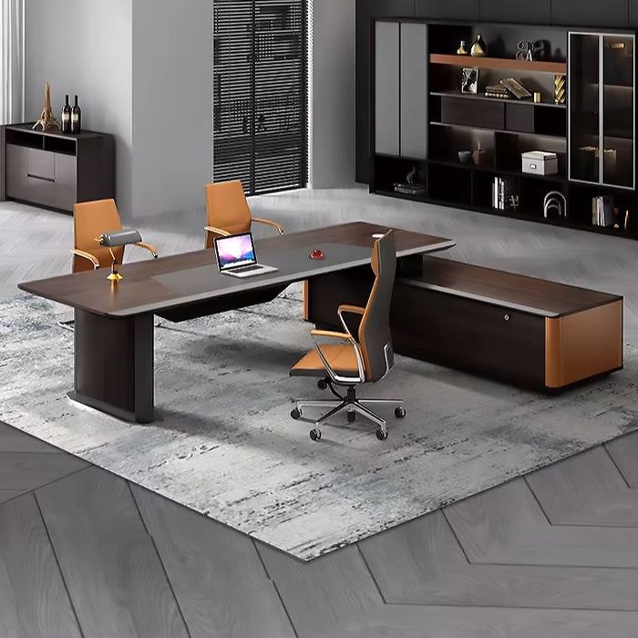 Arcadia Large (90 to 120in) High-end Black and Brown Gray Executive L-shaped Home Office Desk with Drawers and Storage, Cable Management, and Wireless Charging + USB