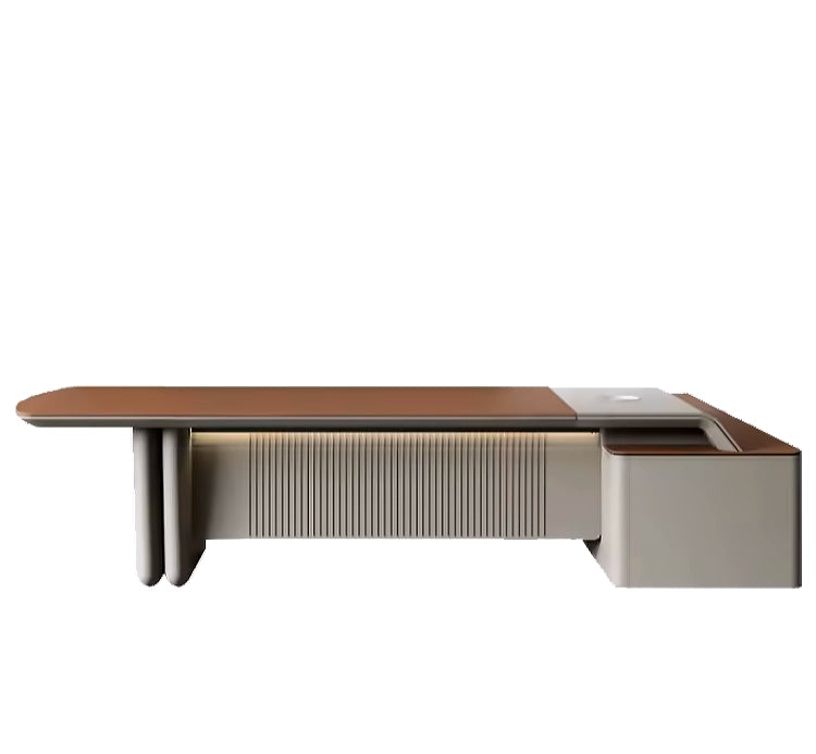 Arcadia 大号（110 至 130 英寸）高端棕色和灰色 L 形行政家庭办公桌，带抽屉和储物空间、电缆管理和无线充电 + USB