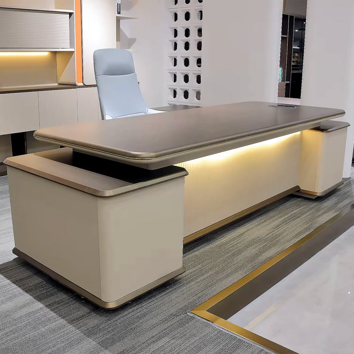 Arcadia 大型高端米色棕褐色和橡木棕色行政 L 形家庭办公桌，带抽屉和储物空间、电缆管理和无线充电