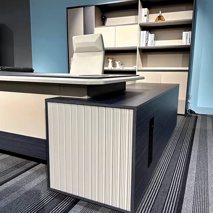 Arcadia 经典专业米色棕褐色和深蓝色/黑色行政 L 形办公桌，带抽屉和存储空间，适合家庭和商业使用，配有回程桌、电缆管理、密码锁和宽敞的设计
