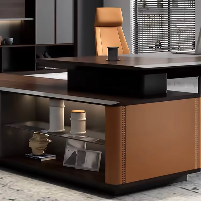 Arcadia 大型（90 至 140 英寸）高端棕色和黑色行政 L 形家庭办公桌，带抽屉和储物空间、电缆管理和无线充电 + USB
