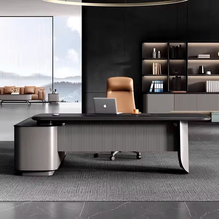 Arcadia 中型高端超高品质金属灰色行政 L 形转角家用和商业办公桌，带抽屉和储物空间、电线管理、挡板和机械锁