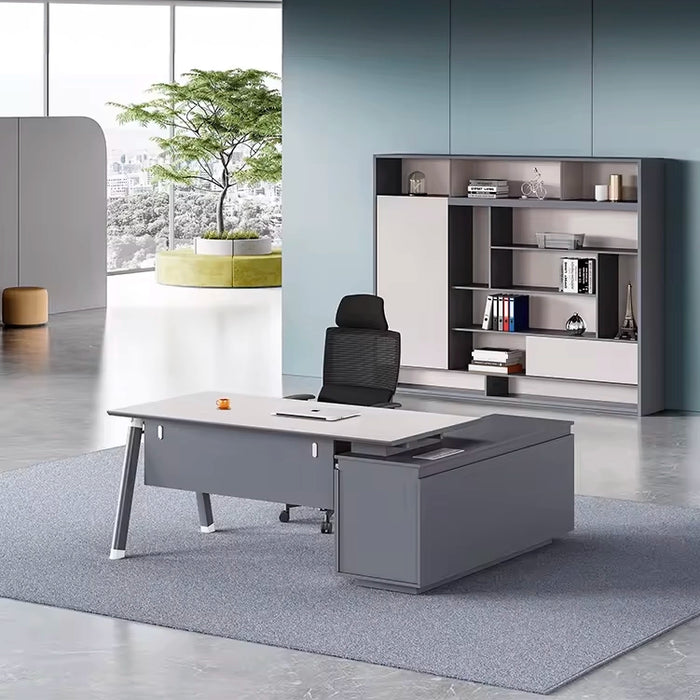 Arcadia 紧凑型蓝白色 L 形回力专业家庭办公桌，带抽屉和橱柜储物、隐私石板和散热孔