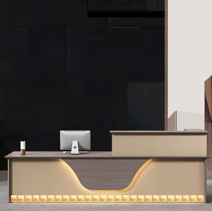 Arcadia Mid-sized High-end Dark Gray and Beige Tan Front Reception Desk with Storage for Lobbies and Waiting Rooms