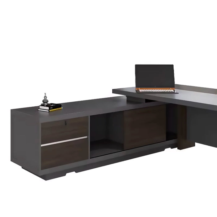 Arcadia Large Mid-range Light Dark Gray and Brown Executive L-shaped Study Office Desk with Drawers and Cabinets for Storage, Lockable Drawers, and Cable Management