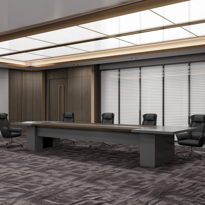 Mesa de conferencias Arcadia de alta gama (de 8 a 20 pies, con capacidad para 10 a 24 personas) en gris oscuro y marrón para salas de reuniones