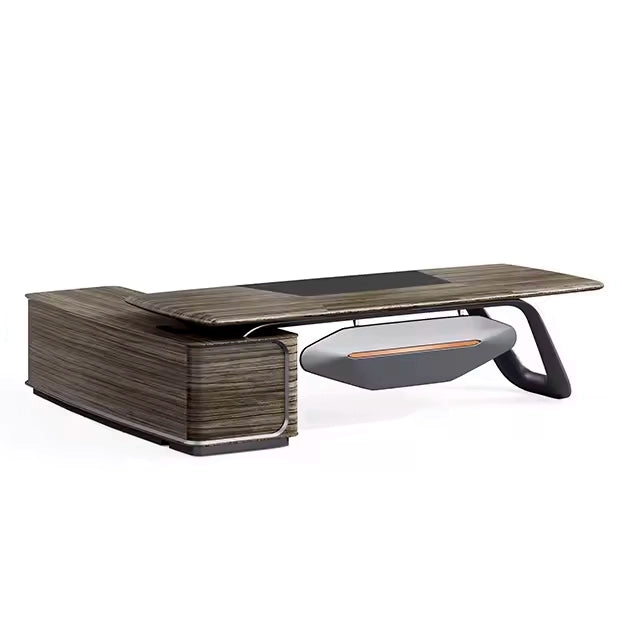 Arcadia 奢华高端品质金棕色 L 形 CEO 行政办公桌，带指纹锁抽屉和橱柜储物柜，耐用表面，光滑桌面和隐私斜面板岩