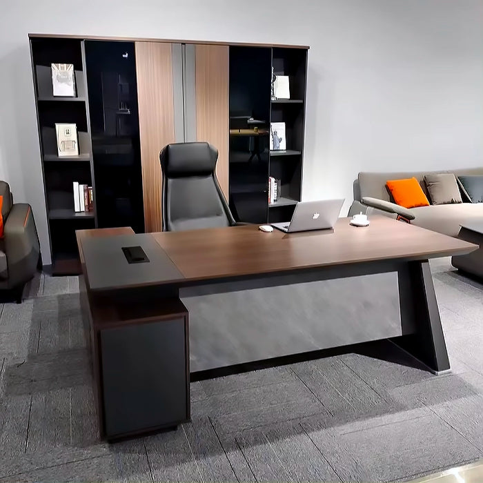Arcadia Elegante escritorio de oficina ejecutivo profesional en forma de L en negro y marrón con cajones y almacenamiento para uso doméstico y comercial con mostrador de devolución, gestión de cables, bloqueo con contraseña y diseño espacioso