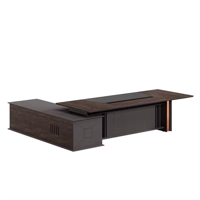 Arcadia Luxury High-end Quality Coffee Brown L-shaped CEO Executive Desk with Drawers and Cabinets Storage, Durable Finish, and Sleek Desk Top