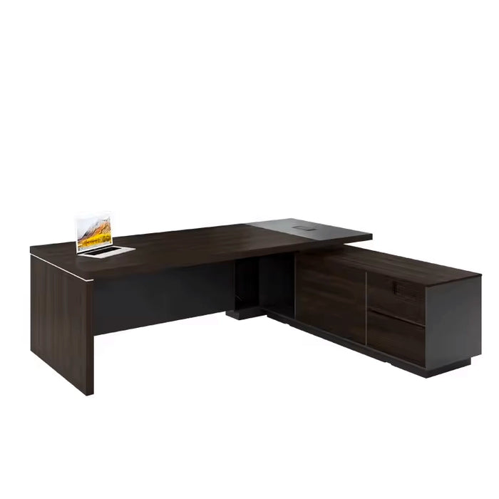 Arcadia Grand 中档深灰色和深棕色行政 L 形学习办公桌，配有抽屉和橱柜，用于存储、可锁抽屉和电缆管理