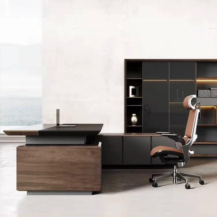 Arcadia Large (70 to 130in) High-end Brown and Gray Executive L-shaped Home Office Desk with Drawers and Storage, Cable Management, and Wireless Charging