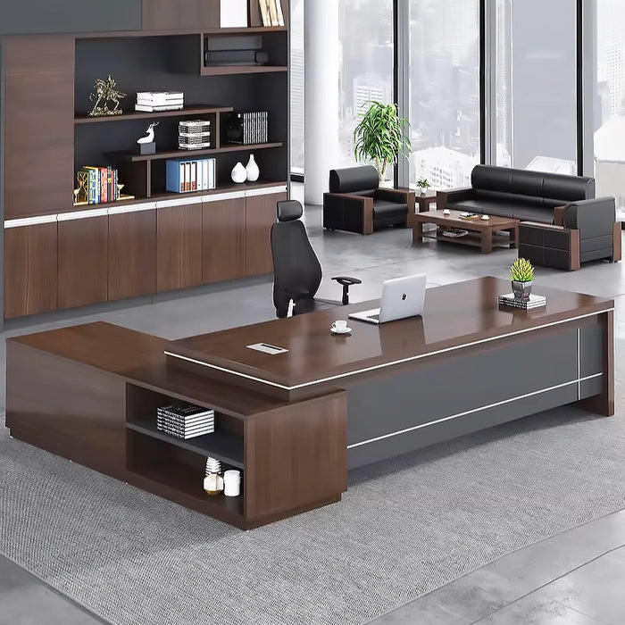 Arcadia Classic High-end Brown and Gray L-shaped Return Home and Corporate Office Desk with Drawers and Cabinets Storage, Privacy Bevel, and Cord Management