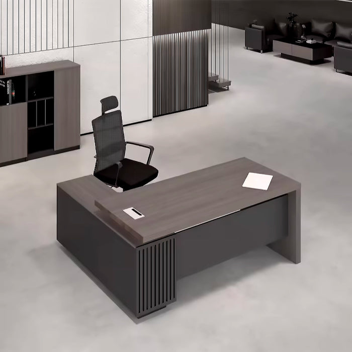 Arcadia 中型中档深棕色和黑色行政 L 形学习办公桌，配有抽屉和橱柜，用于存储、可上锁的抽屉和电缆管理