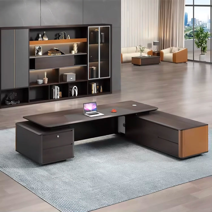 Arcadia 大型（90 至 140 英寸）高端棕色和黑色行政 L 形家庭办公桌，带抽屉和储物空间、电缆管理和无线充电 + USB