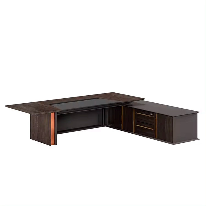 Arcadia 奢华高端优质咖啡棕色 L 形 CEO 行政办公桌，带抽屉和橱柜储物空间，耐用表面，光滑桌面