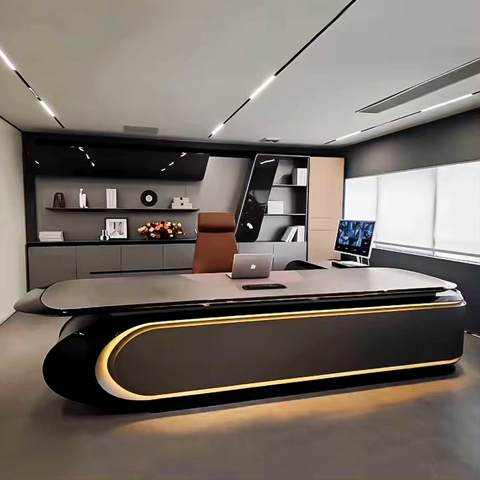Arcadia 大型高端超高品质金属灰色行政 L 形转角家庭办公桌，带抽屉和储物空间、无线和 USB 充电端口以及指纹锁