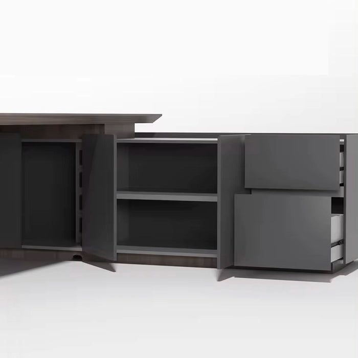 Arcadia 中档高档深灰色专业和家庭 L 形行政办公桌，带橱柜、抽屉和回转台