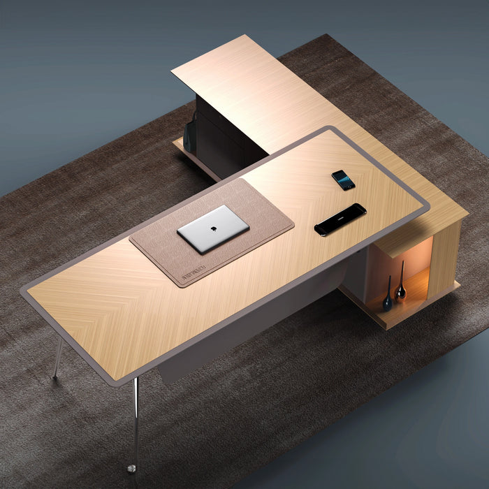 Arcadia 中型高端超高品质金橡木行政 L 形转角家庭办公桌，带抽屉和储物空间、无线充电端口和指纹锁