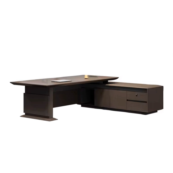 Arcadia Mid-sized High-end Golden Oak Executive L-shaped Corner Home Office Desk with Drawers and Storage, Wireless Charging, and Mechanical Lock