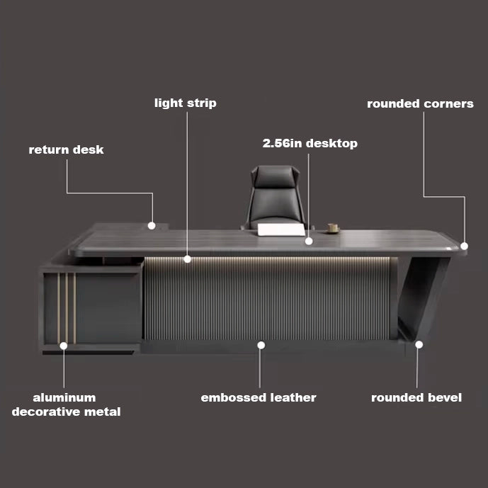 Arcadia 中型高端黑色行政 L 形家庭办公桌，带抽屉和储物空间、电缆管理、密码锁和集成照明