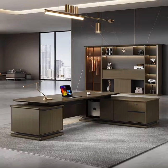 Arcadia 大型高端咖啡棕色行政 L 形家庭办公桌，带抽屉和储物空间、电缆管理、集成照明和密码锁