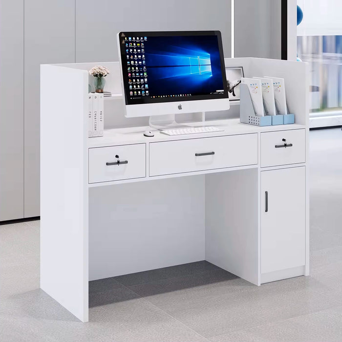 Natalia 47-56" Rectangular Receptionist Desk with Gloss Finishing | AF Example 100" White Rounded Receptionist Desk with Gloss Finishing | AF JY-RT-03