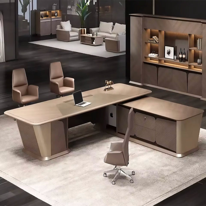 Arcadia 大号（100 至 140 英寸）高端米色棕褐色实木行政 L 形家庭办公桌，带抽屉和储物空间、电缆管理和无线充电 + USB