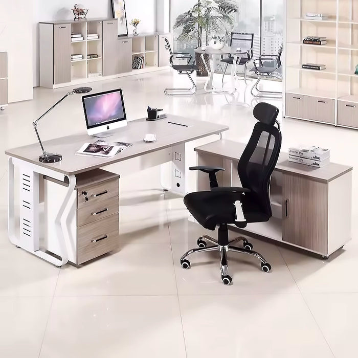 Arcadia Compact High-end Birch Beige and White Mobile L-shaped Return and Mobile File Cabinet Home and Corporate Office Desk with Drawers and Cabinets Storage, Privacy Bevel, and Cord Management