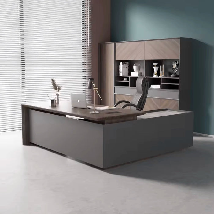 Arcadia Escritorio de oficina ejecutivo en forma de L, profesional y doméstico, exclusivo, de gama media, color gris oscuro, con gabinetes, cajones y escritorio de retorno