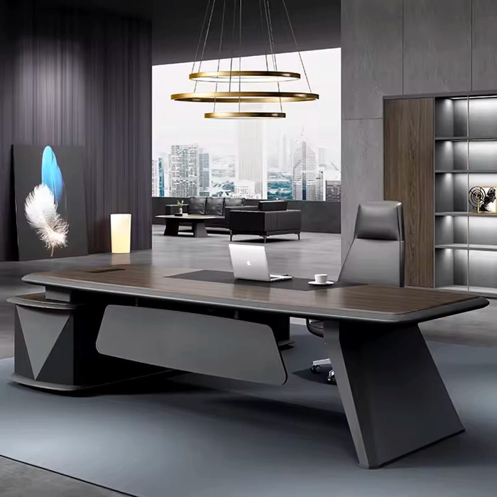 Arcadia 大型高端超高品质炭灰色和橡木棕色行政 L 形转角家庭办公桌，带抽屉和储物空间、USB 充电端口和机械锁