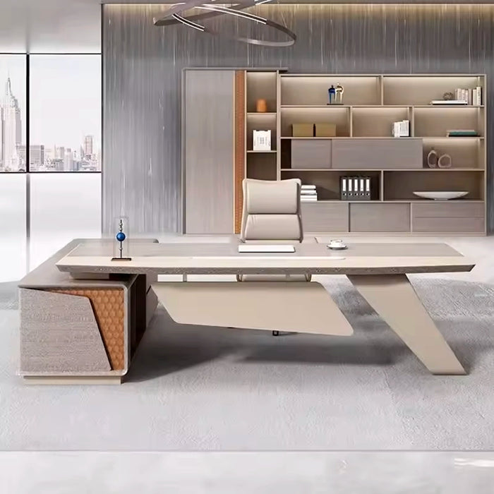 Arcadia 中型高端米色棕褐色橡木行政 L 形家庭办公桌，带抽屉和储物空间及电缆管理