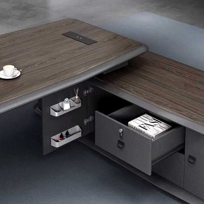 Arcadia 大型高端超高品质炭灰色和橡木棕色行政 L 形转角家庭办公桌，带抽屉和储物空间、USB 充电端口和机械锁