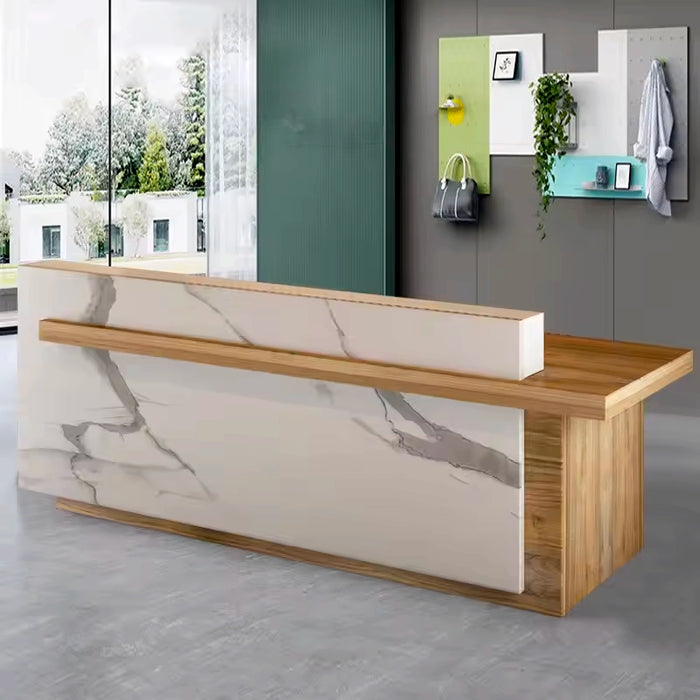 Arcadia Mid-sized High-end Birch Tan and Marble White Front Reception Desk with Storage for Lobbies and Waiting Rooms