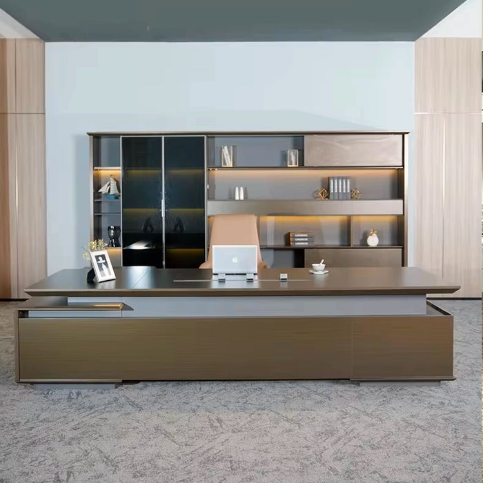 Arcadia 大型高端金橡木行政 L 形转角家庭办公桌，带抽屉和储物空间、USB 充电端口和指纹锁