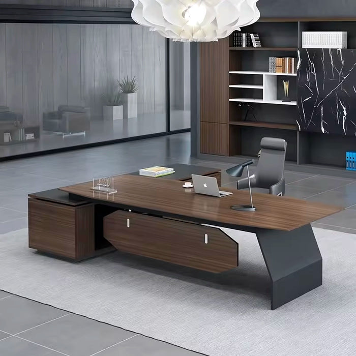 Arcadia Mid-sized High-end Brown/Black Executive L-shaped Home Office Desk with Drawers and Storage, Cable Management, and Privacy Bevel
