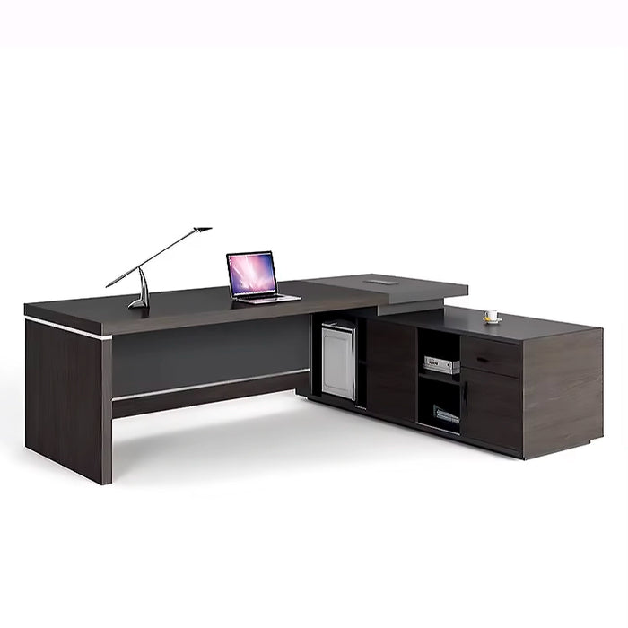 Arcadia Formal Mid-sized Professional Dark Brown/ Black Executive L-shaped Business and Home Office Desk with Drawers and Storage, Cable Management, Password Lock, and Heat Vent