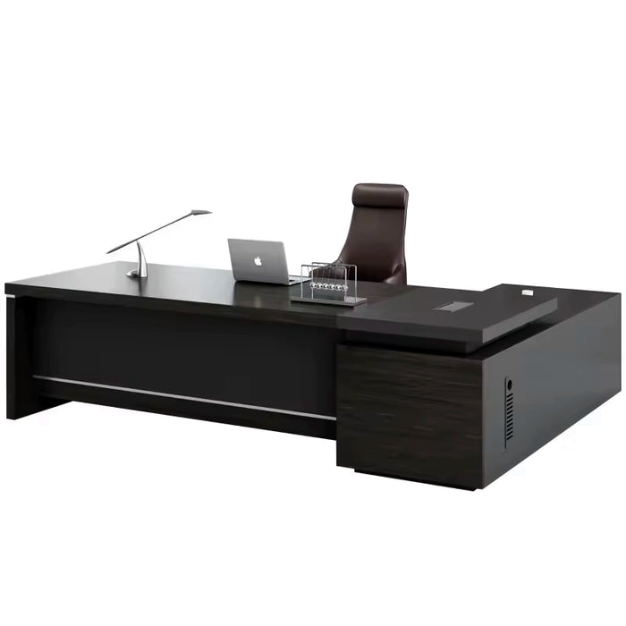Arcadia 中型高端棕色/黑色行政 L 形家庭办公桌，带抽屉和储物空间、电缆管理和密码锁